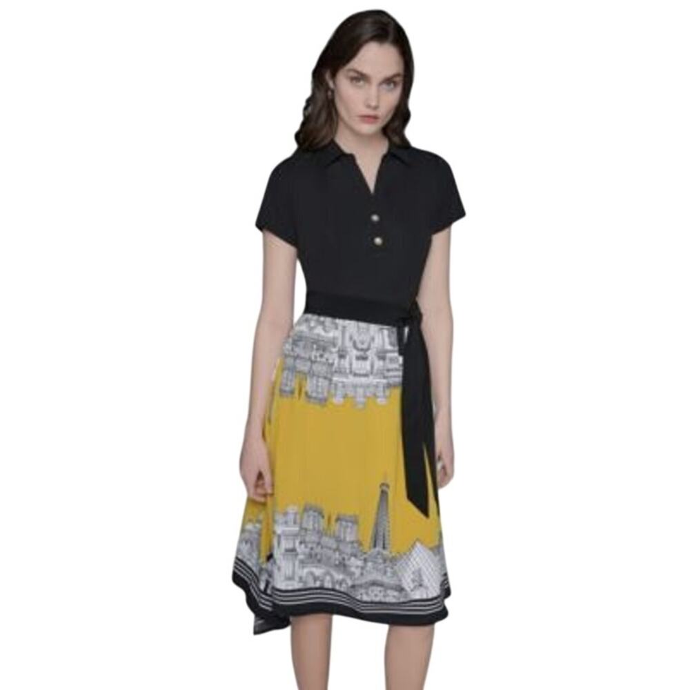 KARL LAGERFELD PARIS Women's Mixed Media Midi Dress in Black Gold Flake